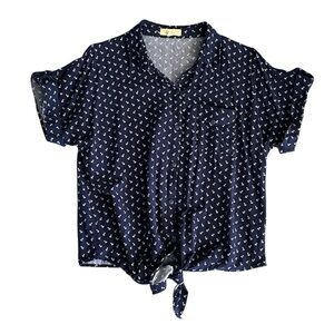 Love Notes Navy Blue & white Anchor print top with tie front